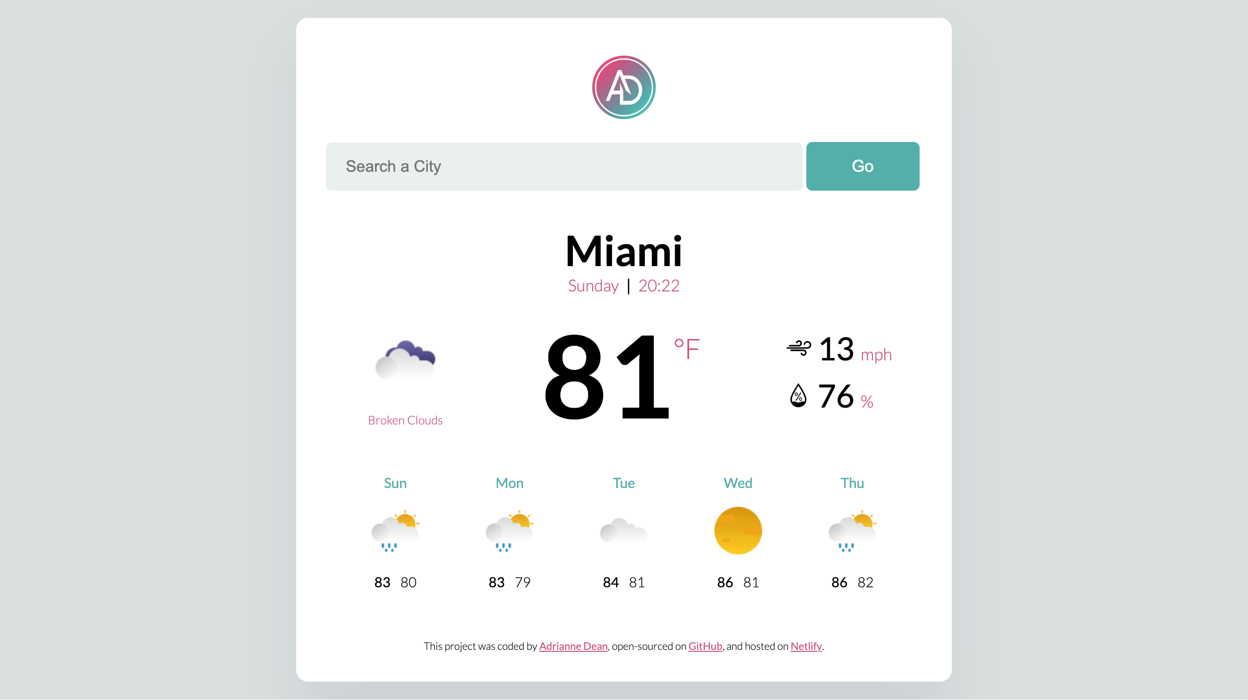 The What's the Weather App, coded by Adrianne Dean